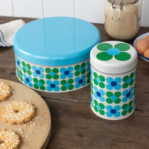 Cake storage tin - Blue and green Daisy