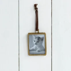 Double sided glass and brass metal hanging frame (4.5 x 5.5cm)