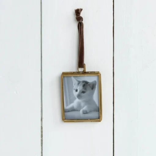 Double sided glass and brass metal hanging frame (4.5 x 5.5cm)