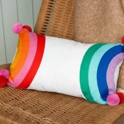 Embroidered cushion with pom poms - Rainbow