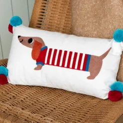 Embroidered cushion with pom poms - Sausage Dog