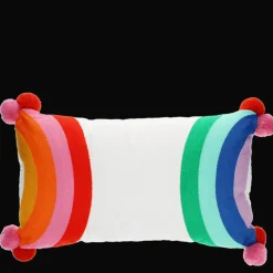 Embroidered cushion with pom poms - Rainbow