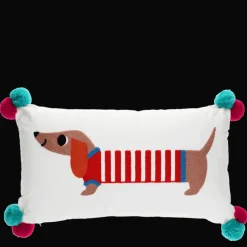 Embroidered cushion with pom poms - Sausage Dog