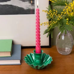 Enamel cupped flower candle holder - Dark green
