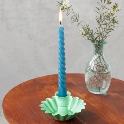 Enamel cupped flower candle holder - Green