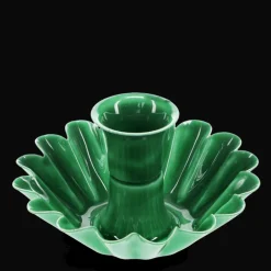 Enamel cupped flower candle holder - Dark green