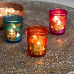 Glass tealight holders (set of 3) - Gold elephants