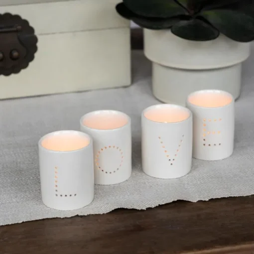 Glossy ceramic tealight holders (set of 4) - LOVE
