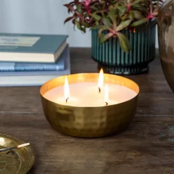 3-wick scented candle bowl - Gold tone hammered metal