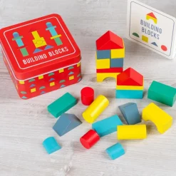 Wooden building blocks in a tin