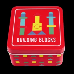 Wooden building blocks in a tin