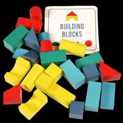 Wooden building blocks in a tin