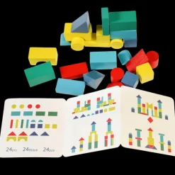 Wooden building blocks in a tin