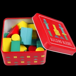 Wooden building blocks in a tin