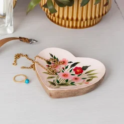 Wooden heart-shaped trinket dish - Flowers