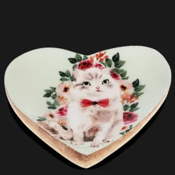 Wooden heart-shaped trinket dish - Cat
