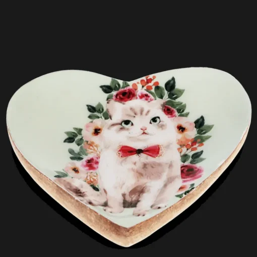 Wooden heart-shaped trinket dish - Cat